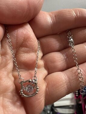 Hello Kitty Silver Necklace with Clear Crystal and Pink Bow Accent